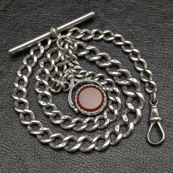 Around 1900 British Antique Pure Silver Albert Chain 41g 2 Color Natural Stone Rotating Fob